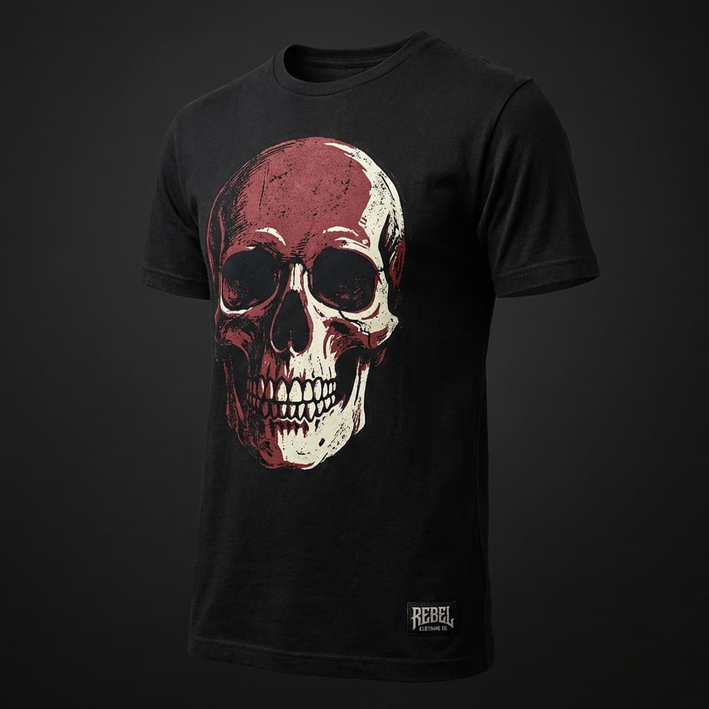 Black streetwear t-shirt with bold skull graphic